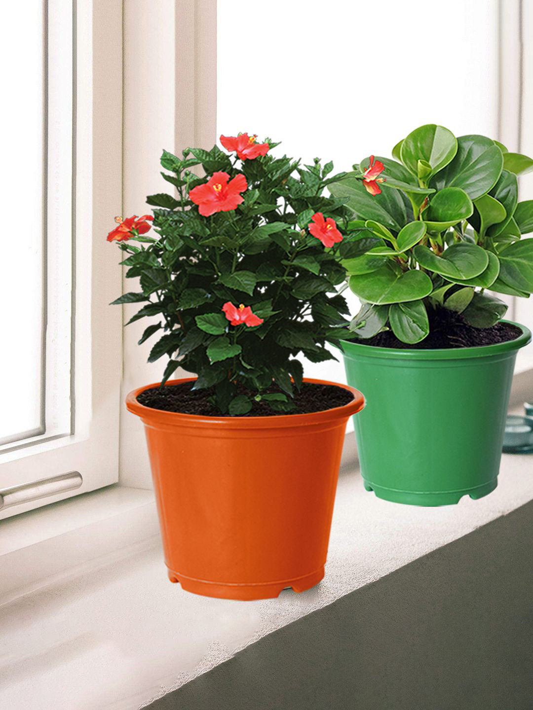 Kuber Industries 3 Pcs Orange & Green Durable Plastic Flower Pot Gamla For Home Decor