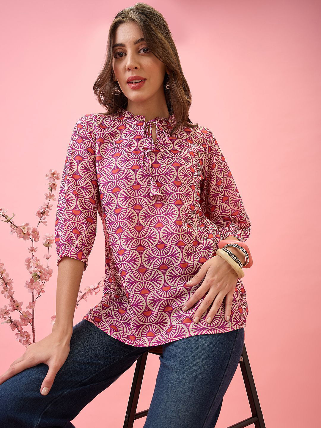 Globus Frilled Tie-Up Neck Ethnic Print Curved Hem Workwear Tunic