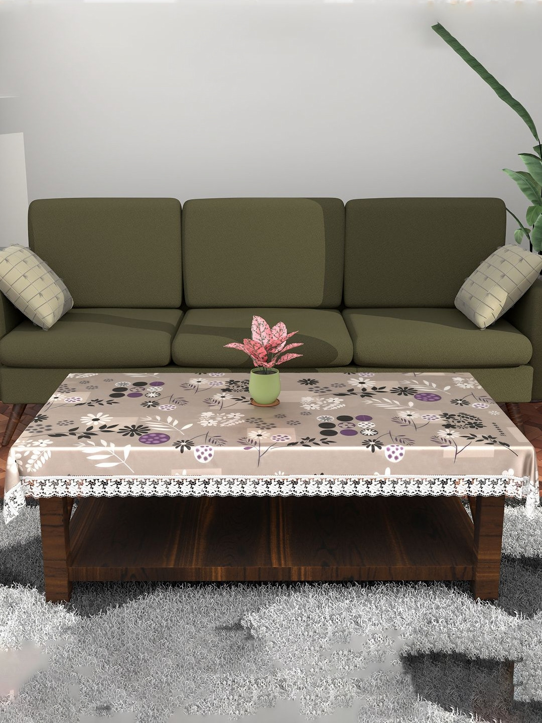 Aura Brown Floral Plastic Anti Slip Teapoy Waterproof Rectangular 4 Seater Center Table