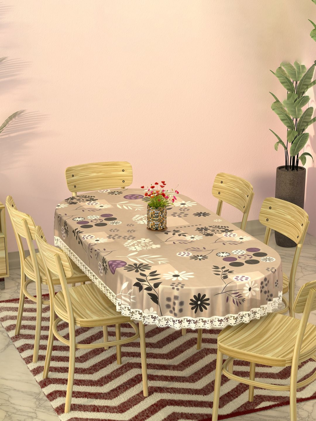 Aura Brown Floral Plastic Waterproof Oval 6 Seater Dinner Dining Table Cover