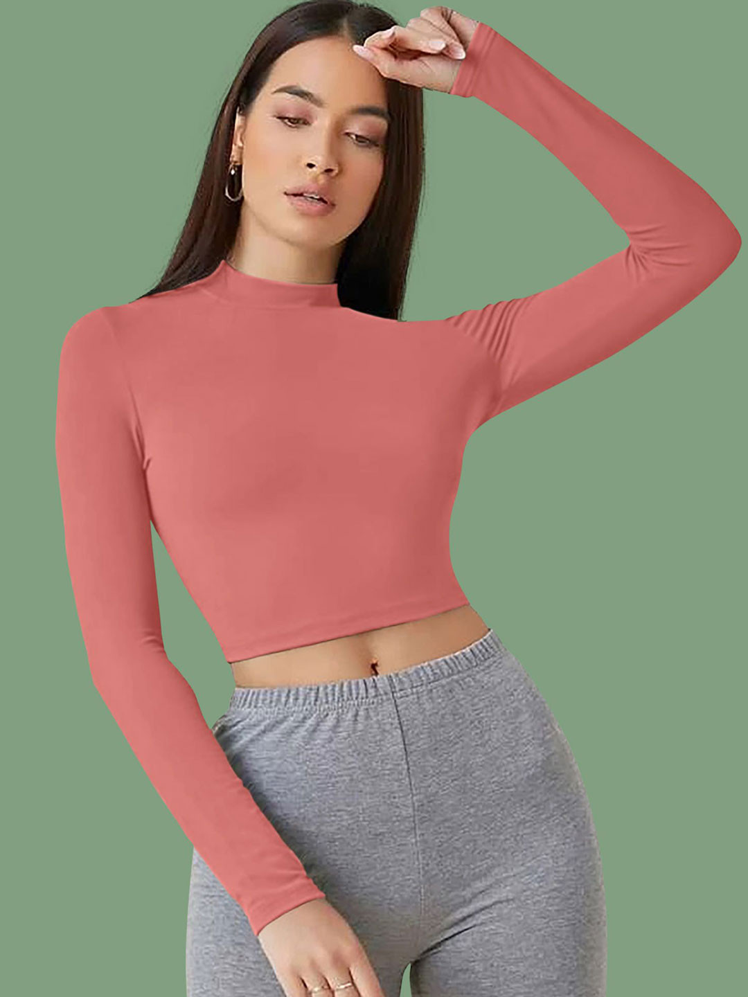 Dream Beauty Fashion Women XS High Neck Full Sleeves Fitted Crop Top