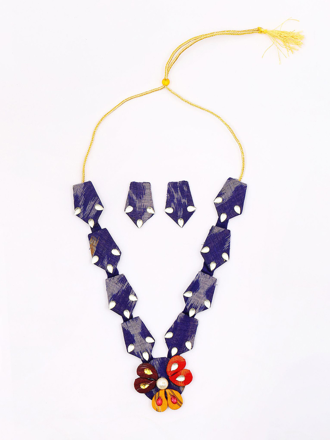 Exotic India Stone Studded Floral Design Handloom Sambalpuri Fabric Necklace Earrings Set