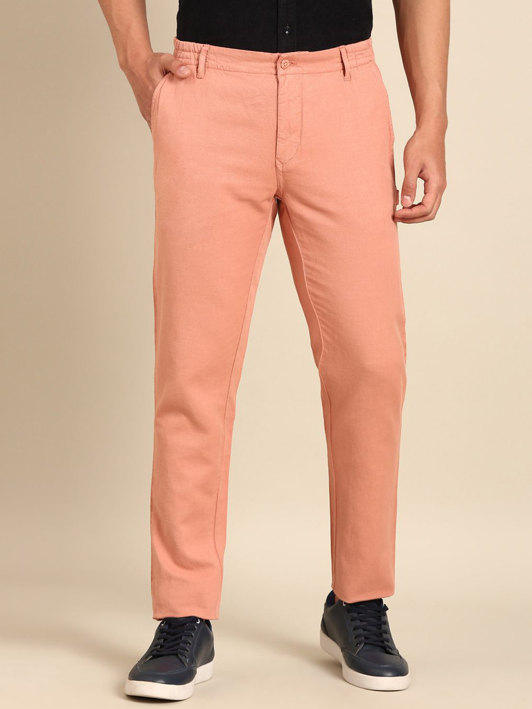 CAVALLO by Linen Club Men Slim Fit Easy Wash Cotton Linen Trousers