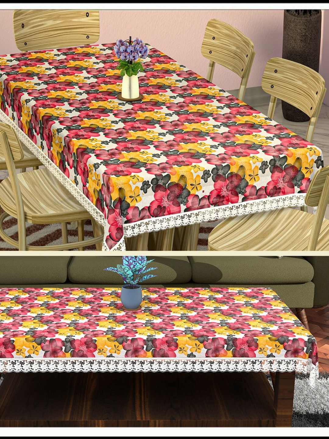 Aura Set of 2 White Floral Plastic 6 Seater Dining Table Cover 4 Center Table Cover