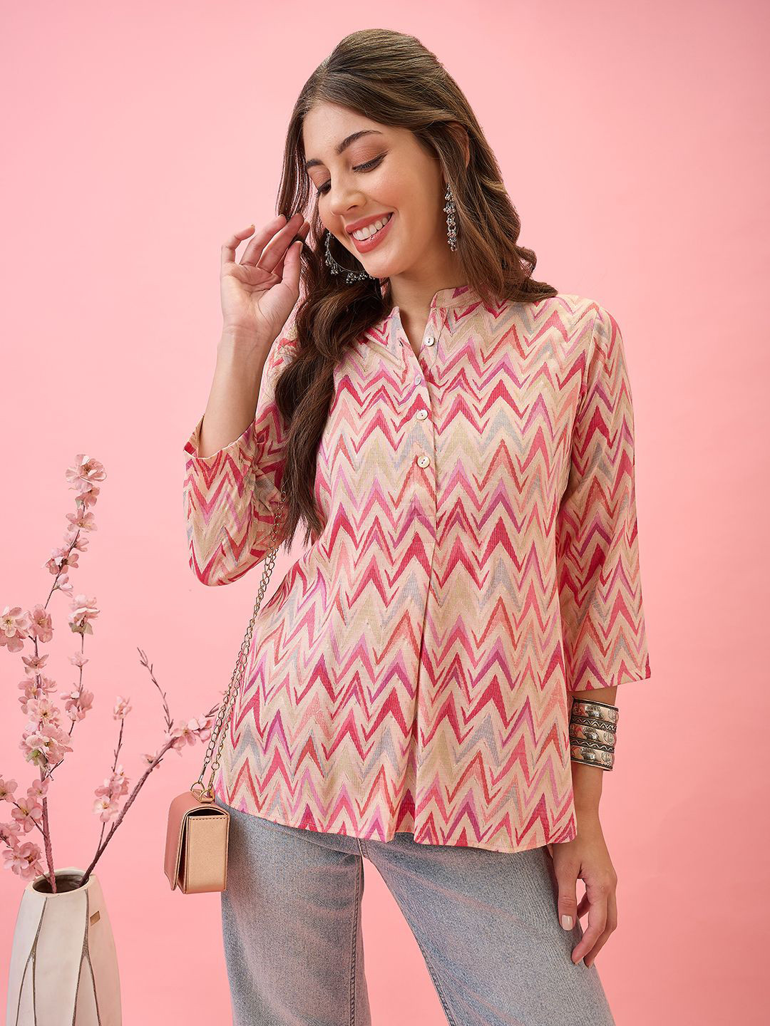 Globus Mandarin Collar Chevron Print Curved High-Low Hem Workwear Tunic