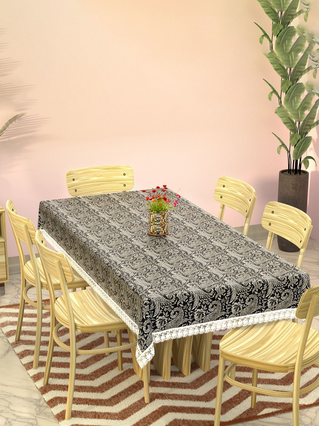 Aura Black Floral Plastic Rectangular Waterproof 6 Seater Dinner Dining Table Cover
