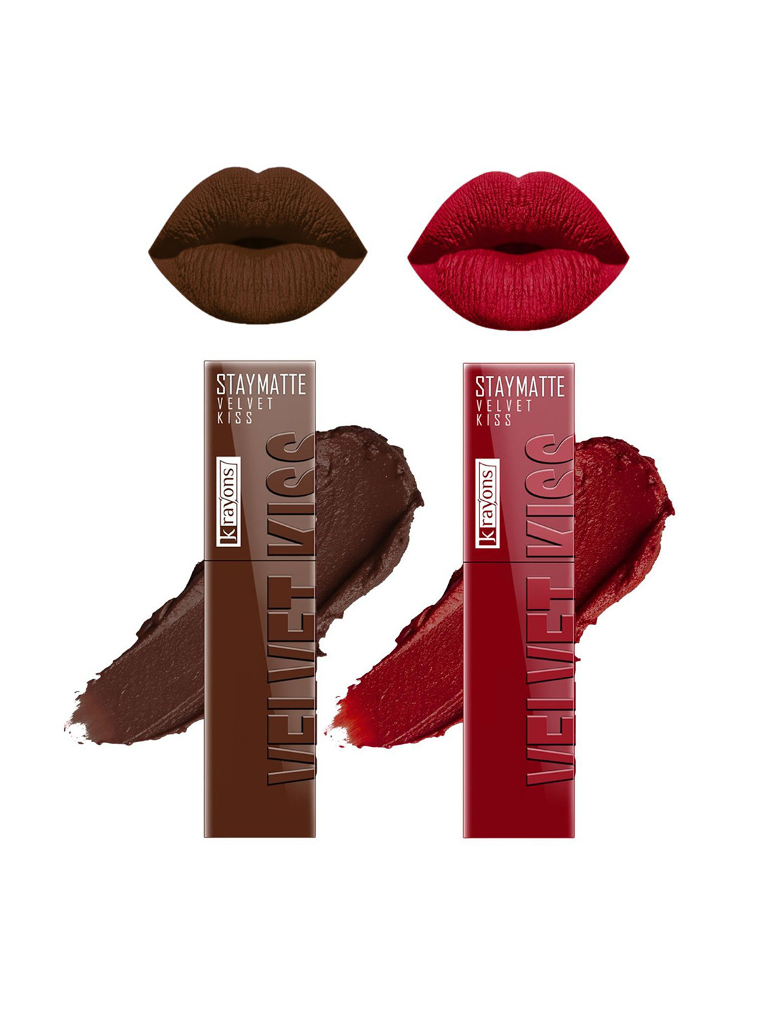 krayons Velvet Kiss Set Of 2 Liquid Lipstick 3.5 ml Each Ruby Red 07 Dark Chocolate 12