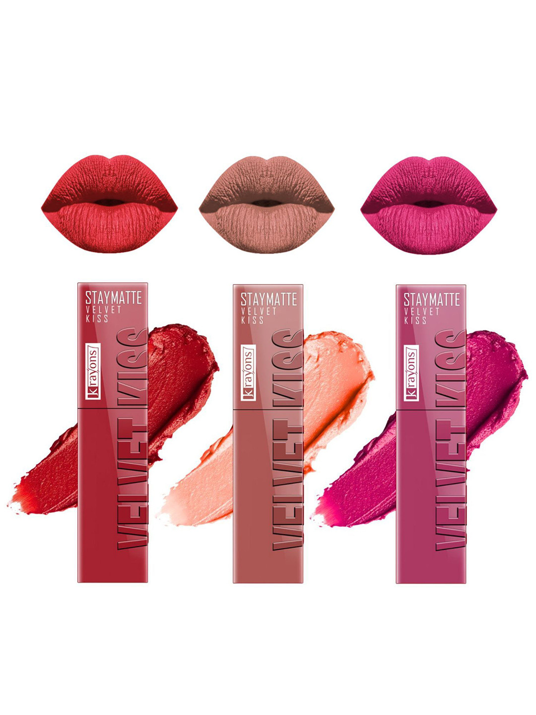 krayons StayMatte Velvet Kiss Set Of 3 Matte Liquid Lipstick - Shades 01-05-10
