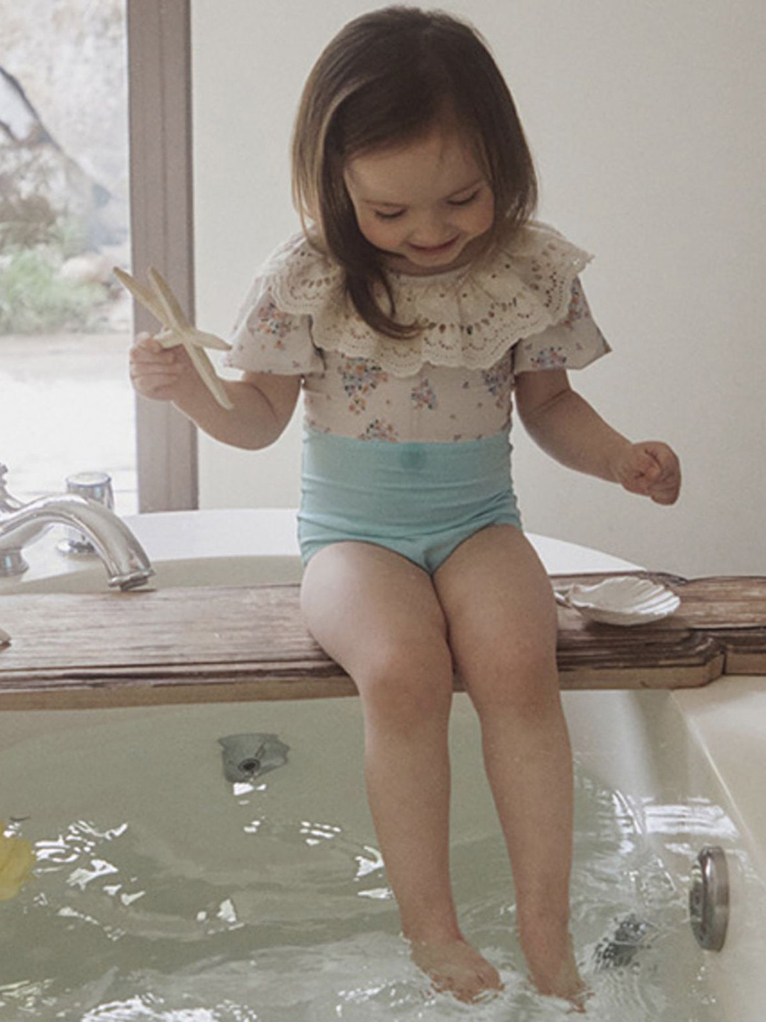 LULU & SKY Girls Floral Printed Round Neck Swimsuit With Cap