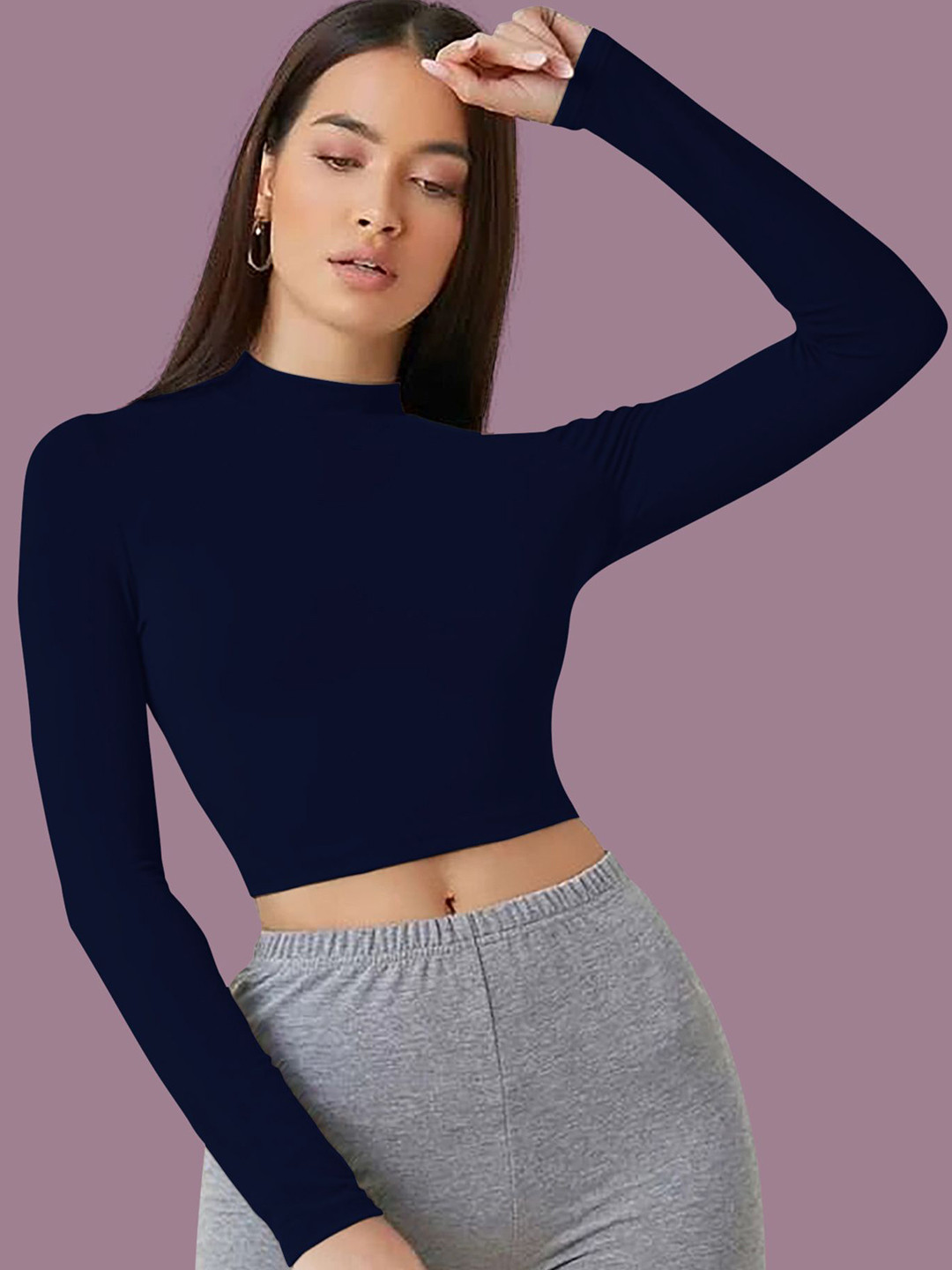 Dream Beauty Fashion top-59-tally-navyblue Women Solid Round Neck Full Sleeve Top
