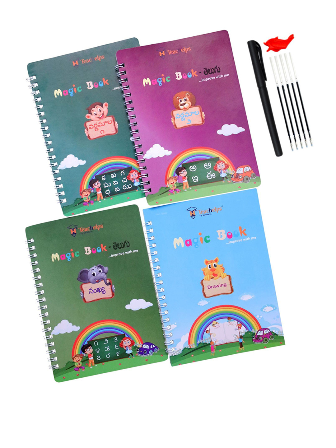 Teachelps Set of 5 Telugu Reusable Magic Book Set- 4 Books 1 Pen