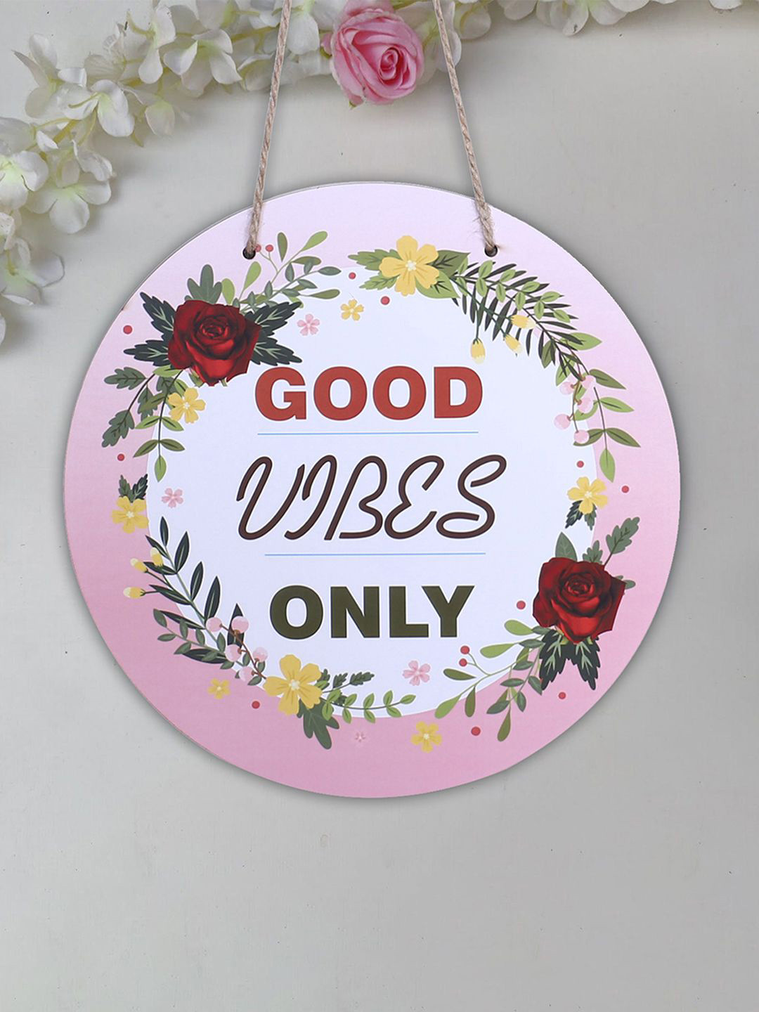 Kuber Industries Good Vibes Only Plates Wood Glossy Hanging Hall Wall Hangings-9.8In