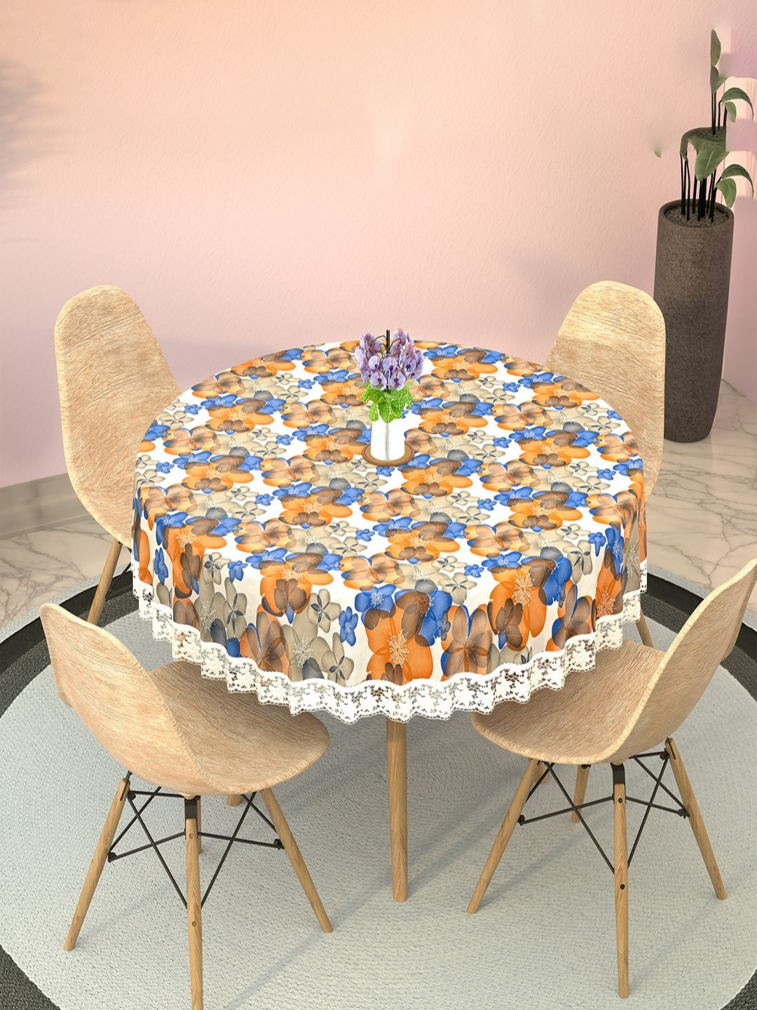 Aura White Floral Plastic Round Waterproof 4 Seater Dining Table Cover