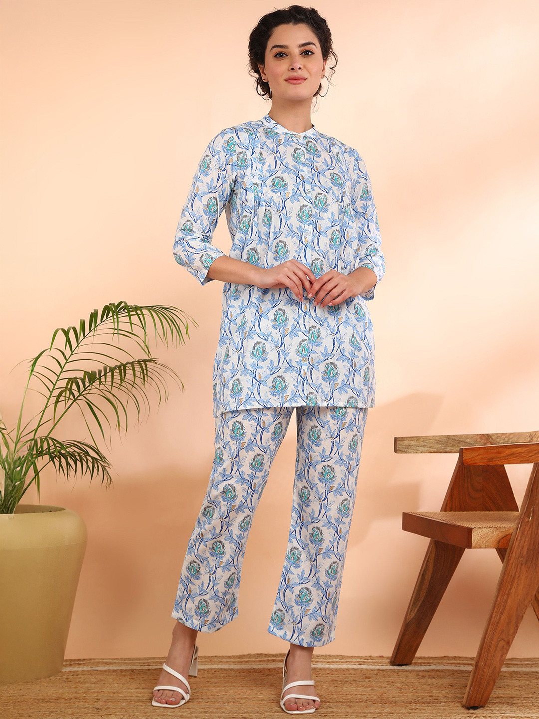 Maaesa Women Cotton Straight Blue Co-ord Set