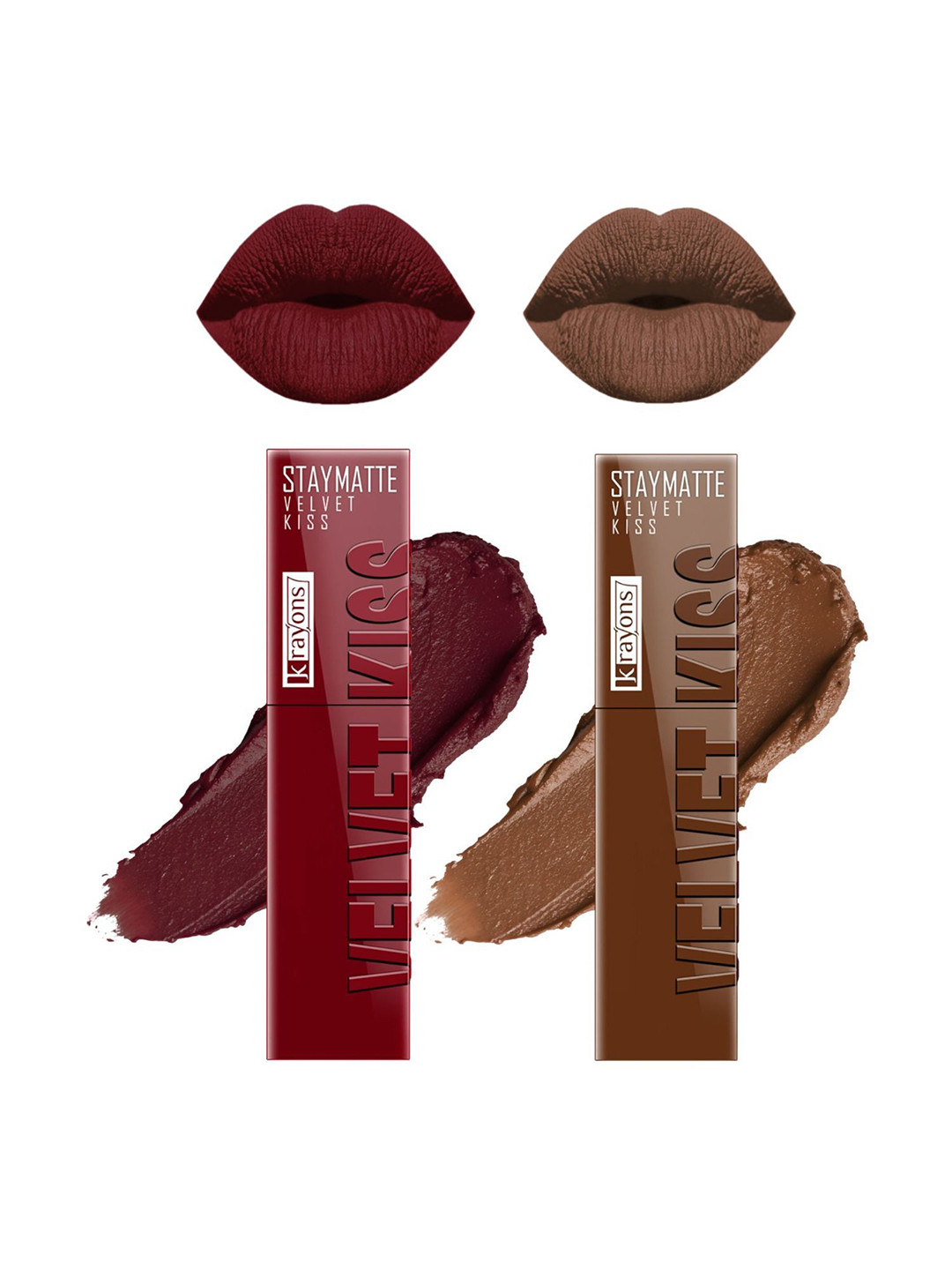 krayons Velvet Kiss Set Of 2 Liquid Lipstick - 3.5 ml Each Wow Maroon 09 Caramel Candy 11