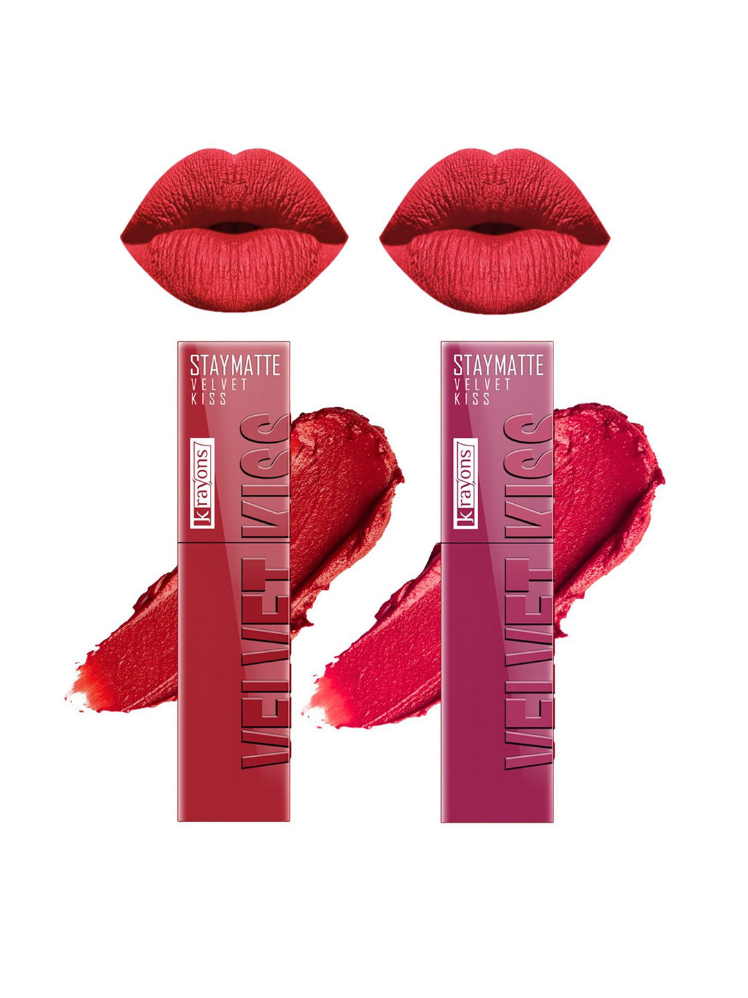 krayons StayMatte Velvet Kiss Set Of 2 Liquid Lipstick-Scarlet Red 01-Peach Pink 08