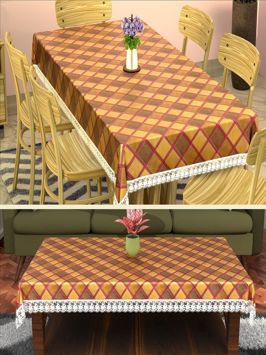 Aura Set Of 2 Gold Toned Plastic 6 Seater Dining Table Cover & 4 Center Table Cover
