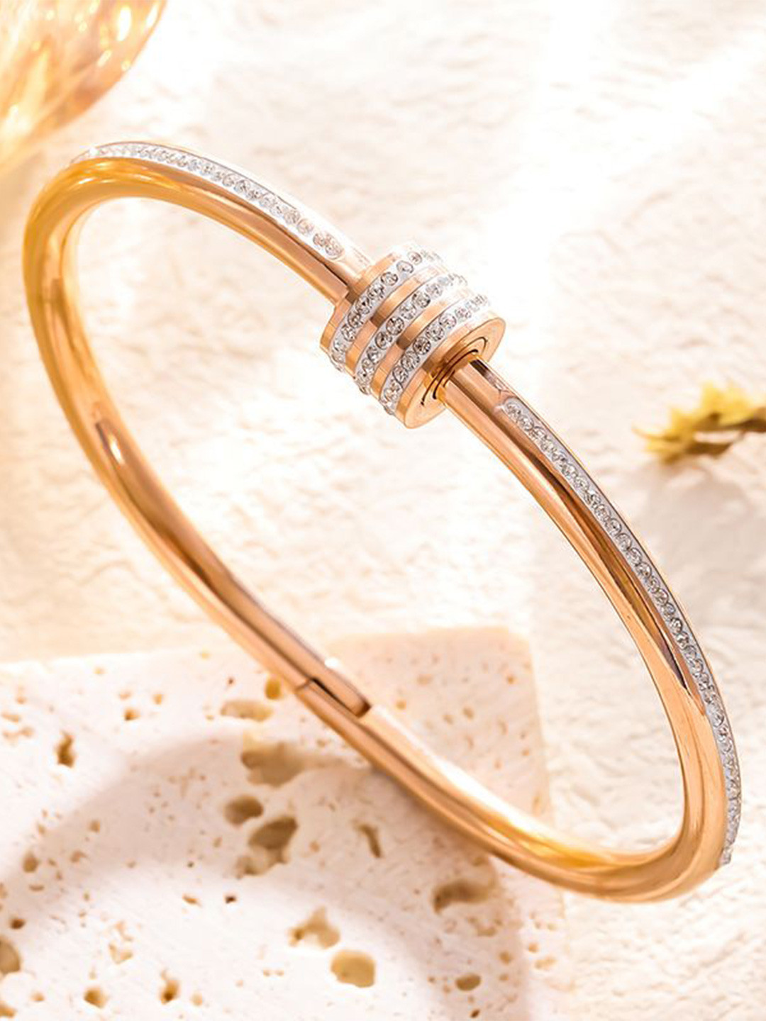DressBerry Women American Diamond Antique Rose Gold-Plated Bangle-Style Bracelet