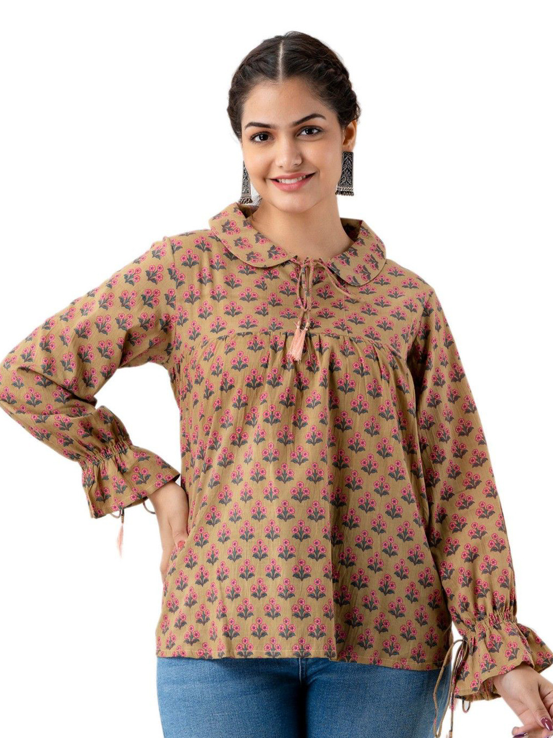 DMP FASHION Floral Print Tie-Up Neck Bell Sleeve Cotton Top