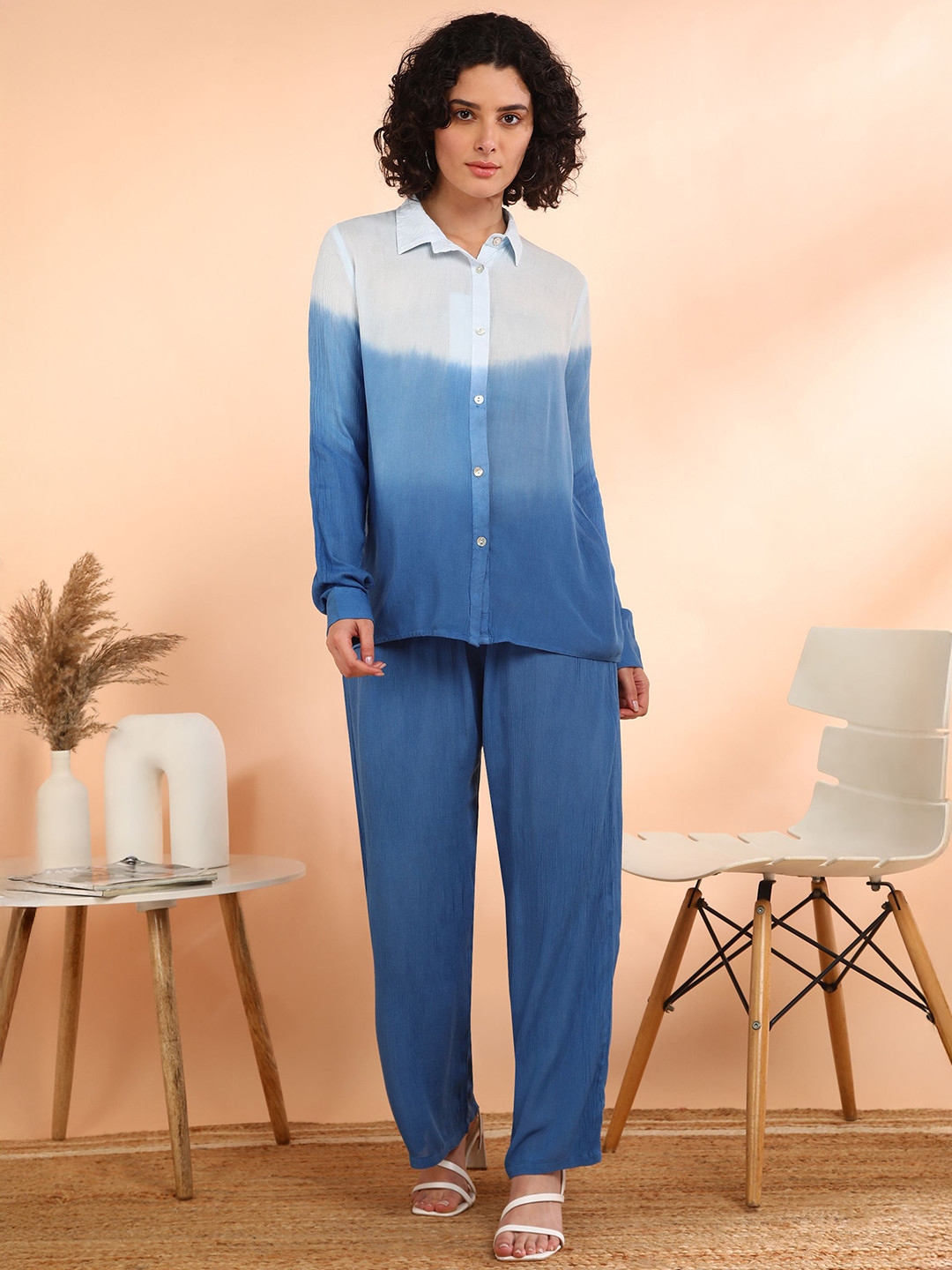 Maaesa Women Rayon Crepe Straight Blue Co-ord Set