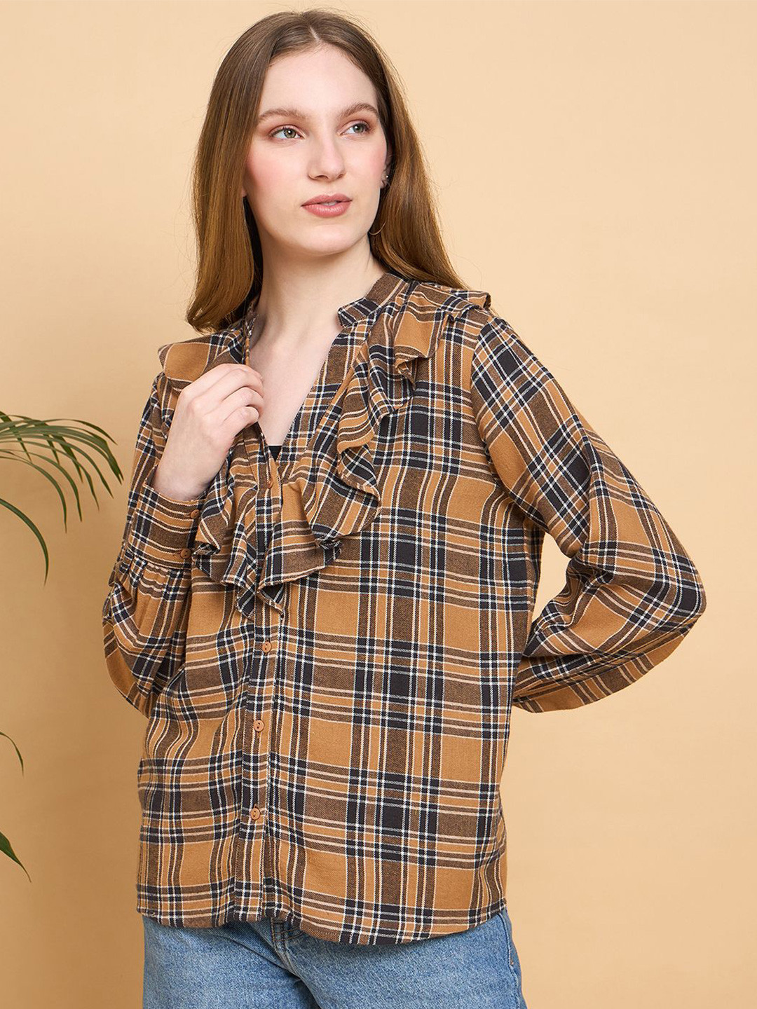 JUNE & HARRY Checked Mandarin Collar Cotton Shirt Style Top