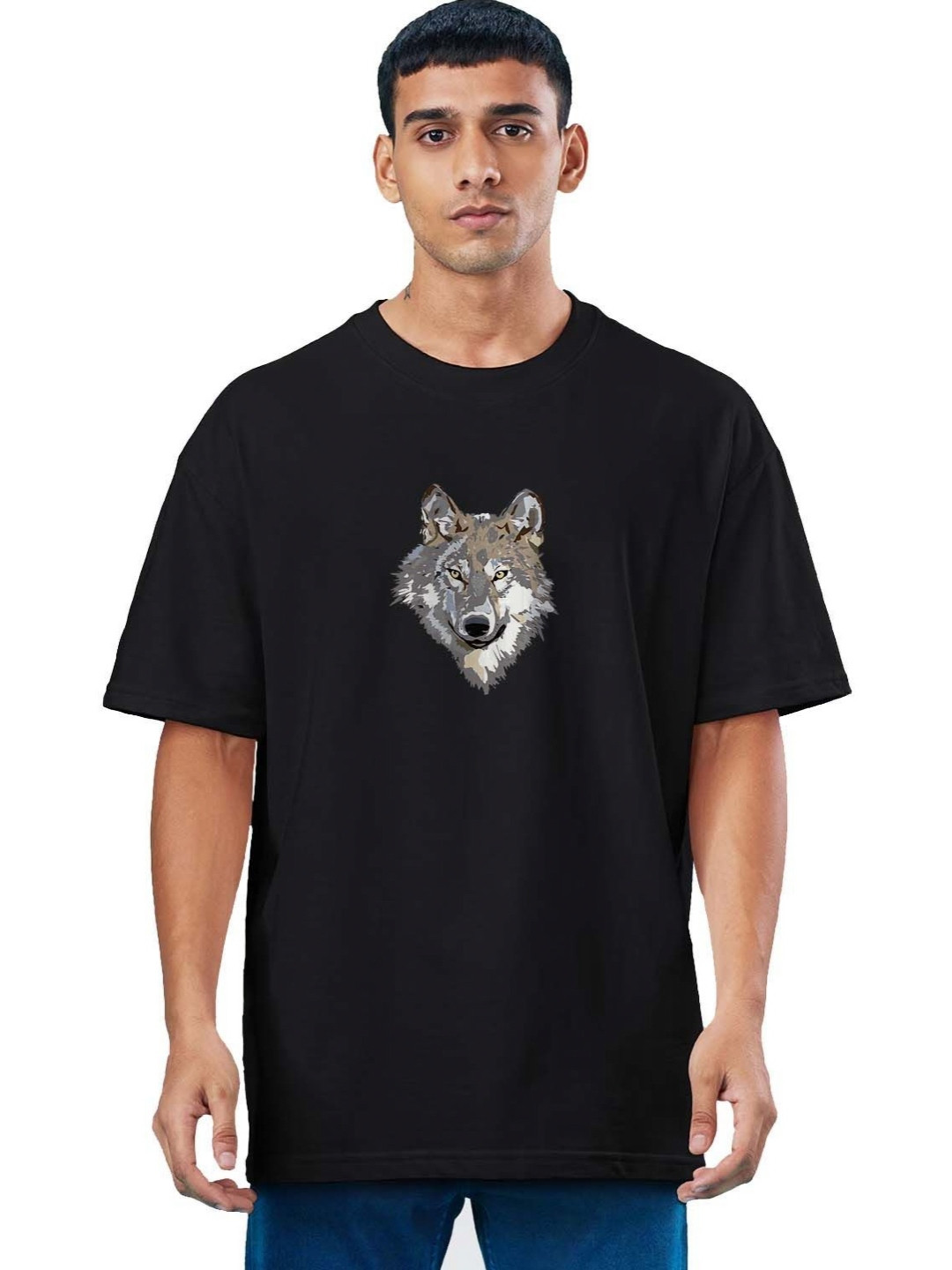 Men's Graphic Wolf Print Oversized Cotton T-shirt