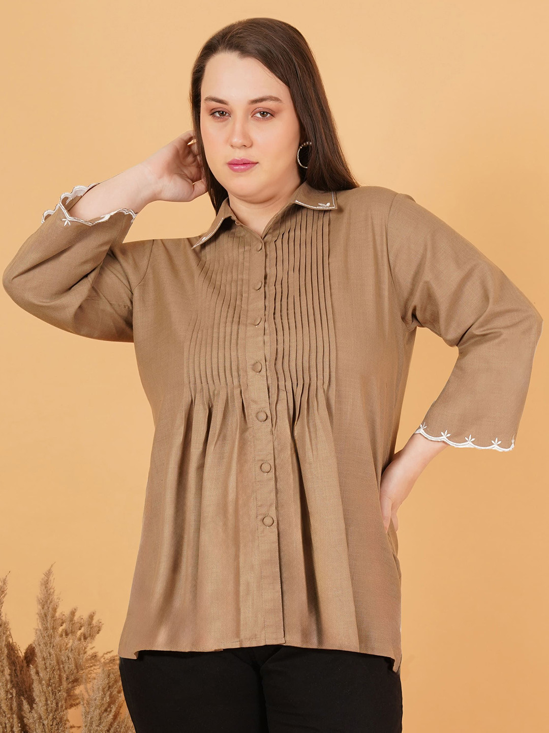 Indietoga Women's Plus Size Shirt Collar Embroidered Detail Cotton Tunic
