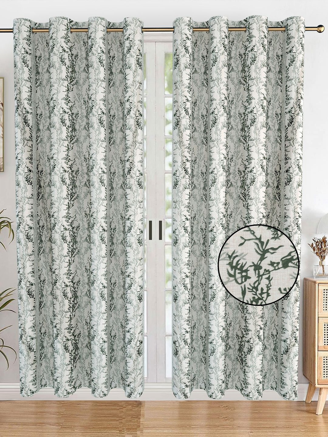 AJISH Black & White 2 Pcs Floral Printed Door Curtain