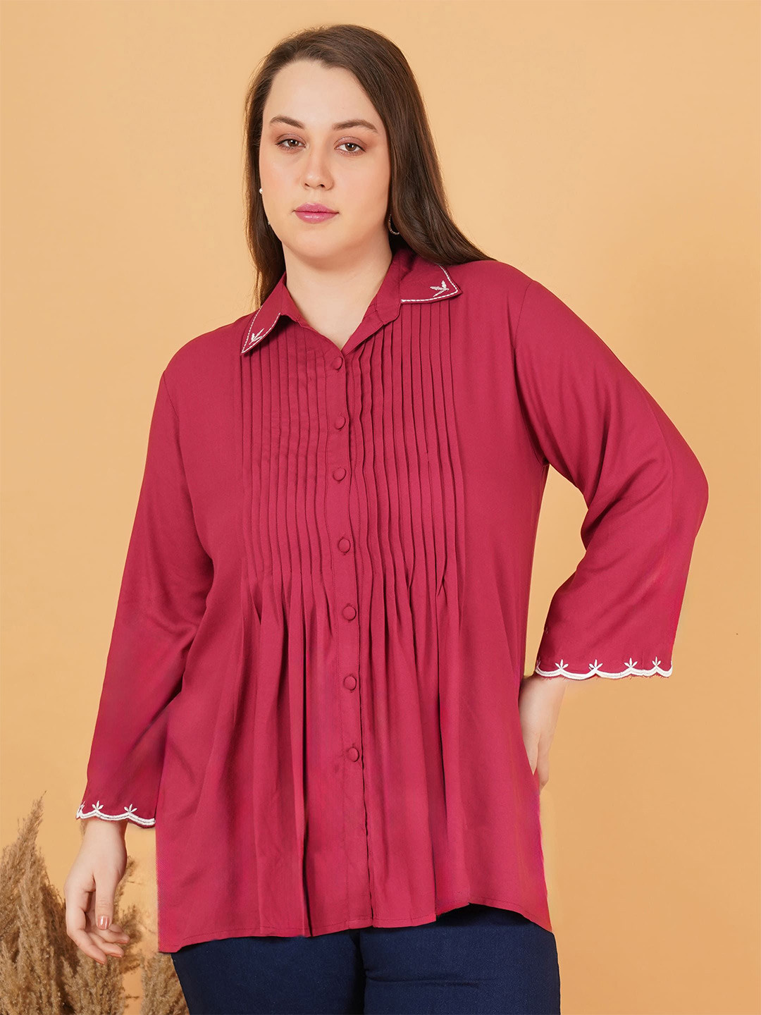 Indietoga Women's Plus Size Shirt Collar Embroidered Tunic
