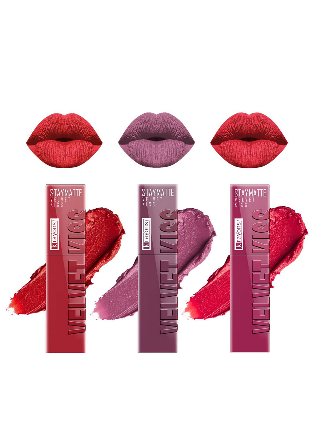 krayons StayMatte Velvet Kiss Set Of 3 Liquid Lipstick-Orchid Love-Peach Pink-Scarlet Red