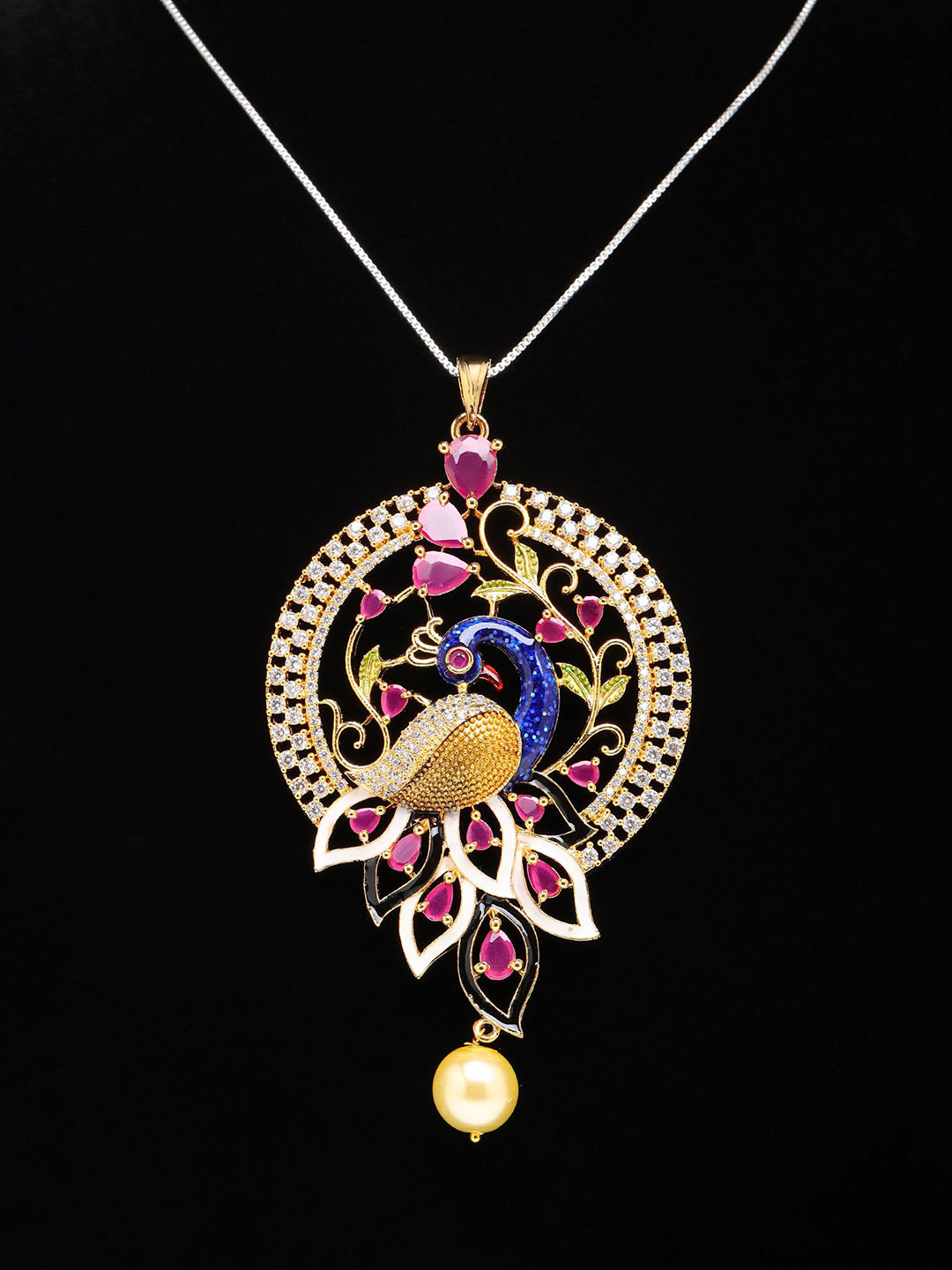 Exotic India Multicolor Stone Studded Peacock Pendant & Earrings Set With Pearl Drop