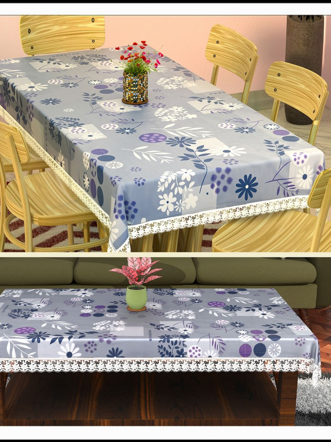 Aura Grey Combo Set of 2 Floral Plastic 6 Seater Dining Table Cover