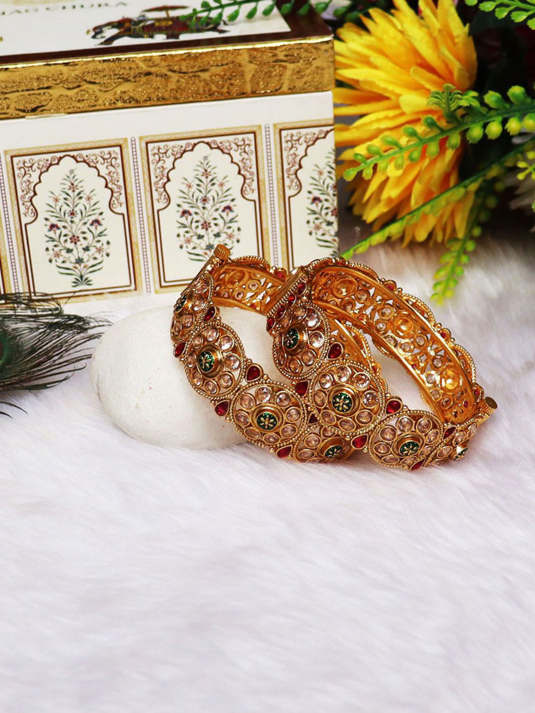 TAJ BRIDAL STORE Gold-Plated 2Pc Rajwadi Traditional Kada Bangles