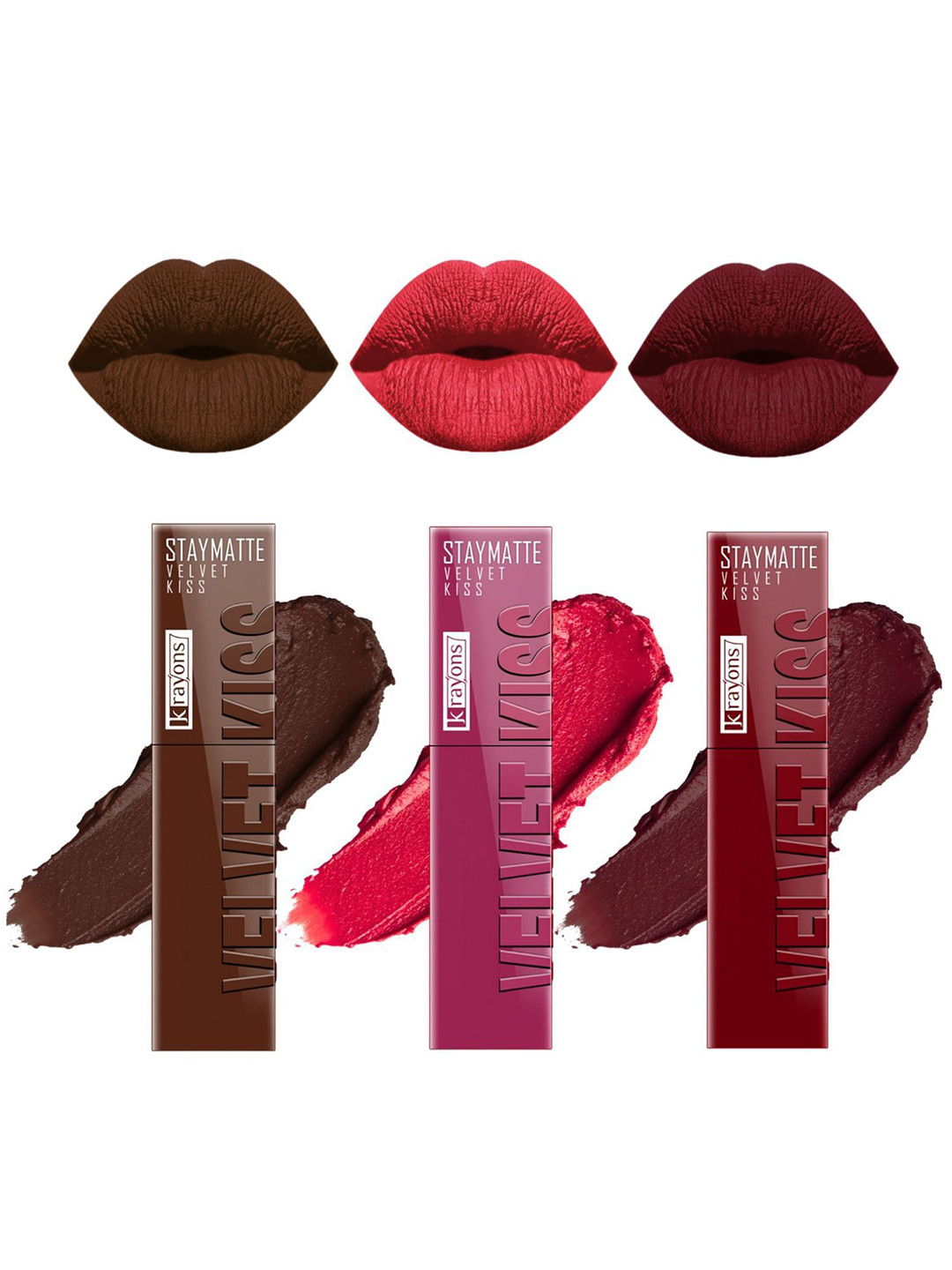 krayons Velvet Kiss Set Of 3 Lipstick - 3.5 ml Each Dark Chocolate Wow Maroon Peach Pink