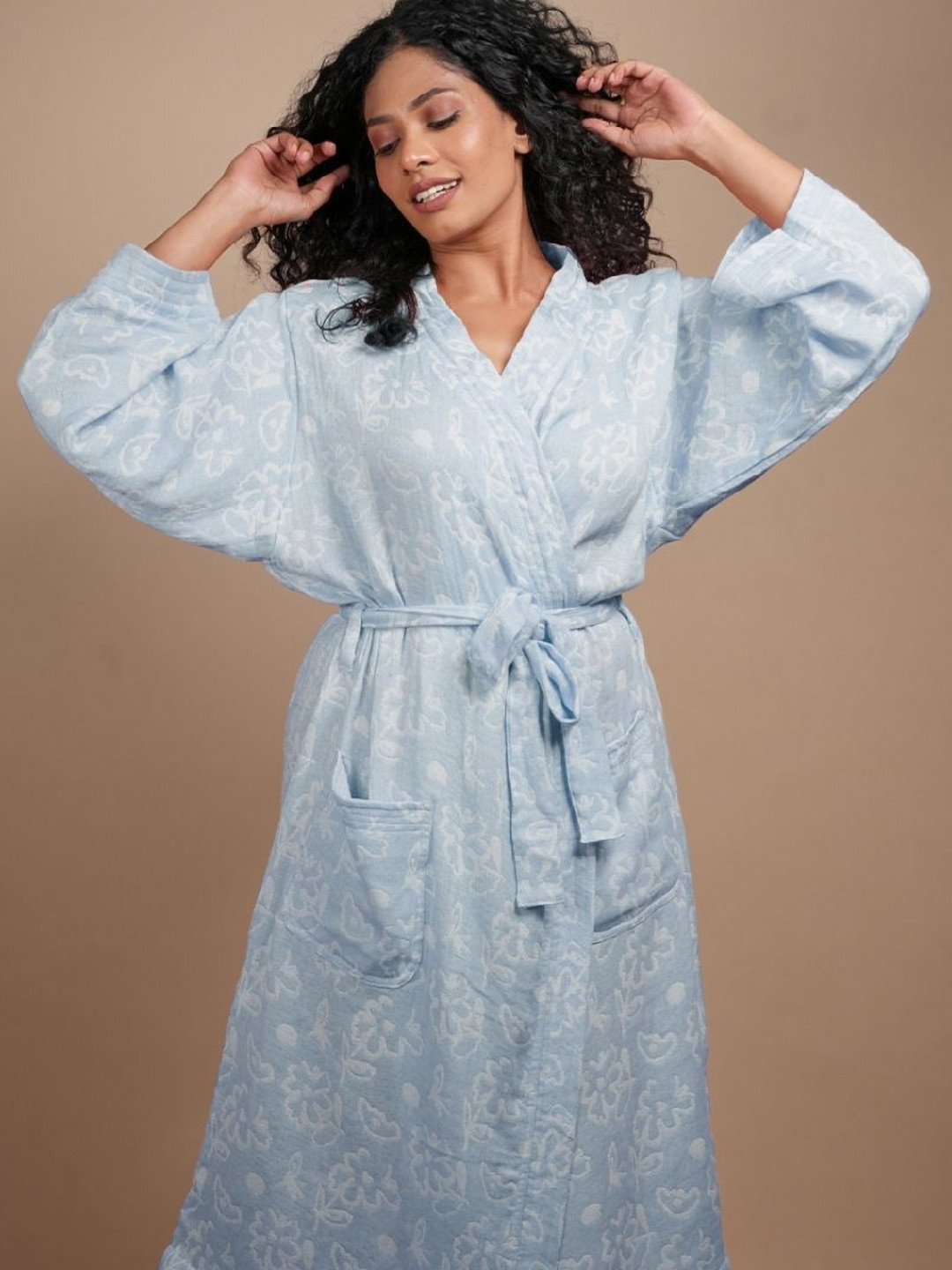 Doctor Towels Banana Jacquard Blue Floral Cotton Tie-Ups Midi Bath Robe