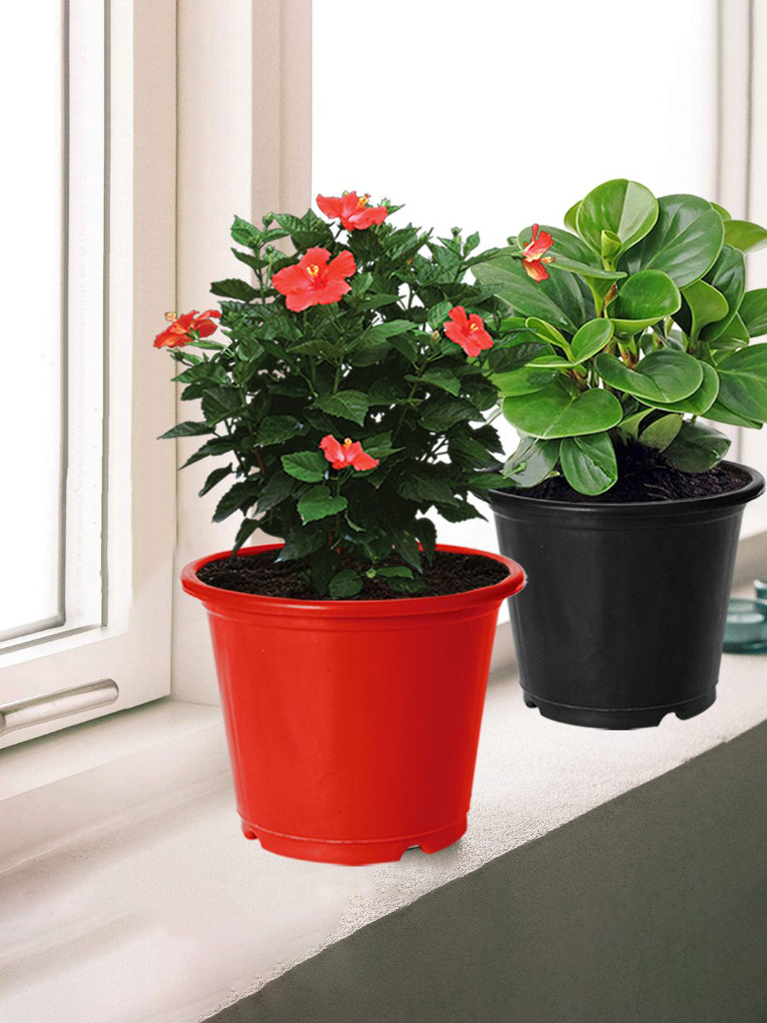 Kuber Industries 3 Pcs Red & Black Durable Plastic Flower Pot Gamla For Home Decor