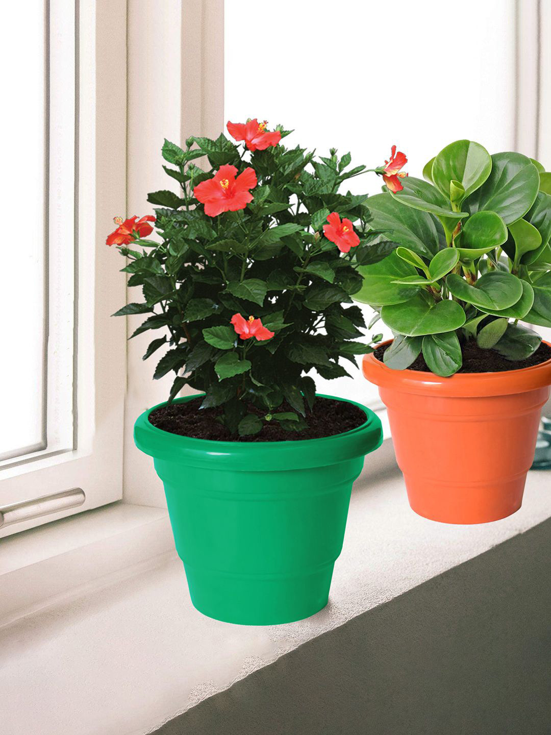 Kuber Industries 3-Pcs Blue & Green 2 Layered Plastic Flower Pot Gamla for Home Decor