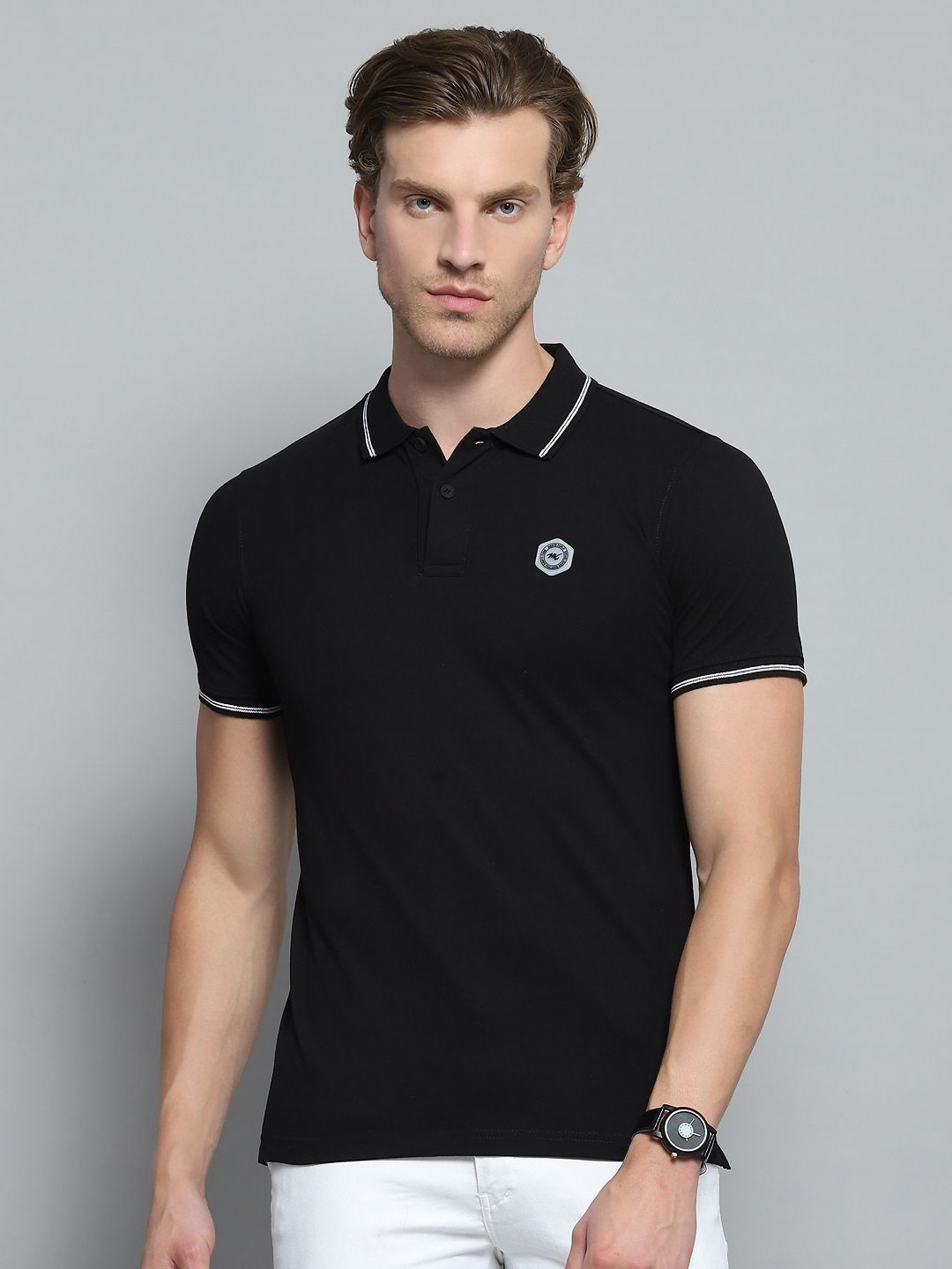 Monte Carlo Men Polo Collar Indigo Applique T-shirt