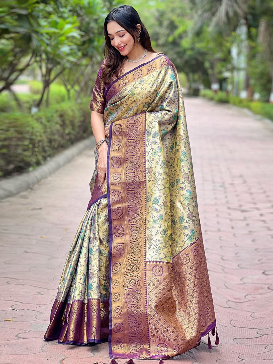 all about you Woven Design Zari Silk Blend Dharmavaram Saree