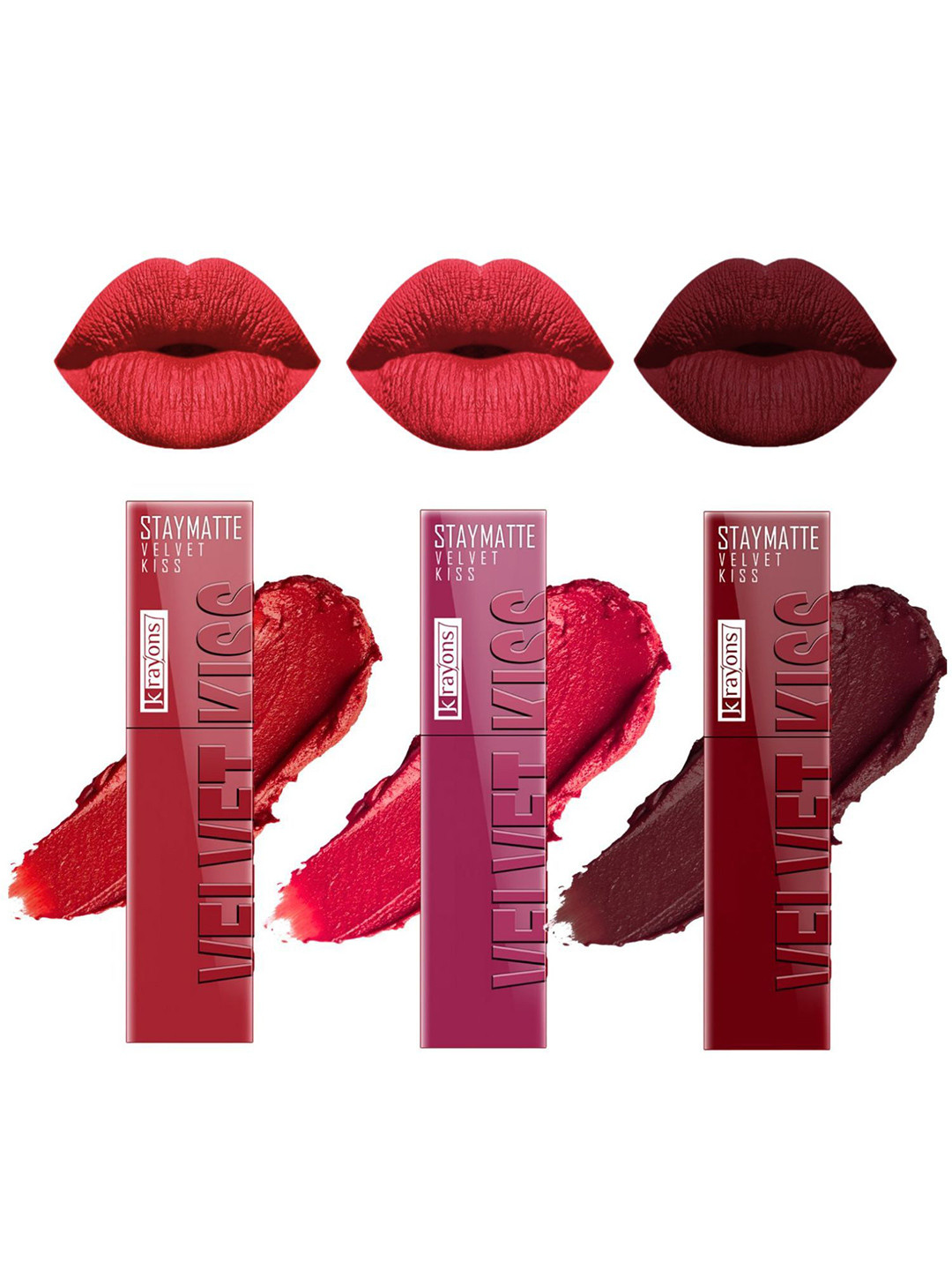krayons StayMatte Velvet Kiss Set Of 3 Liquid Lipstick-Peach Pink-Scarlet Red-Wow Maroon