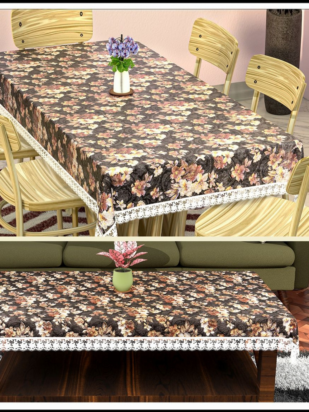 Aura Grey Combo Set 2 Floral Plastic 6 Seater Dining Table Cover & 4 Center Table Cover