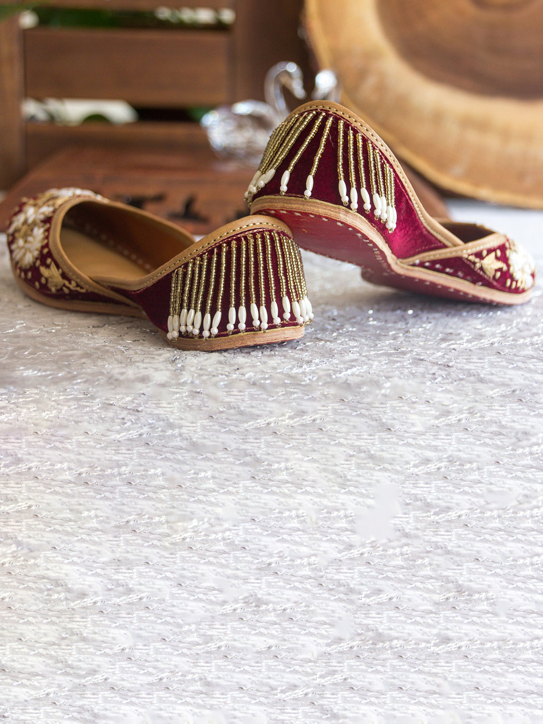 Amaryllis for her Women Embellished Leather Rouge Mojaris Flats