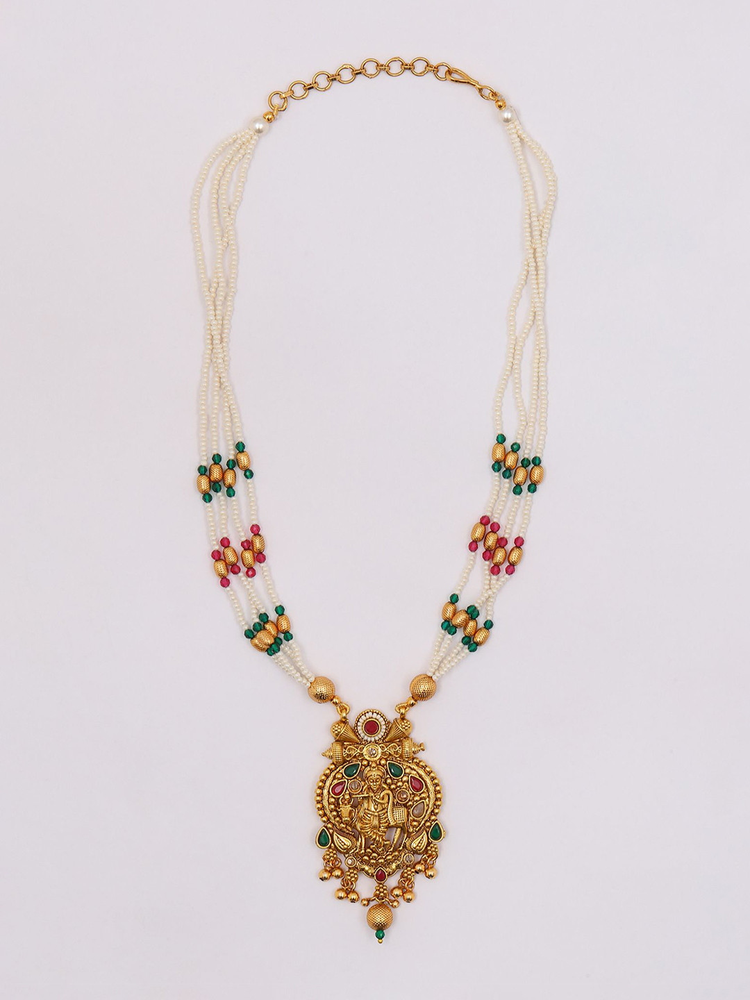 Exotic India Stone Studded & Beaded Fluting Krishna With Cow Necklace Set With Earrings
