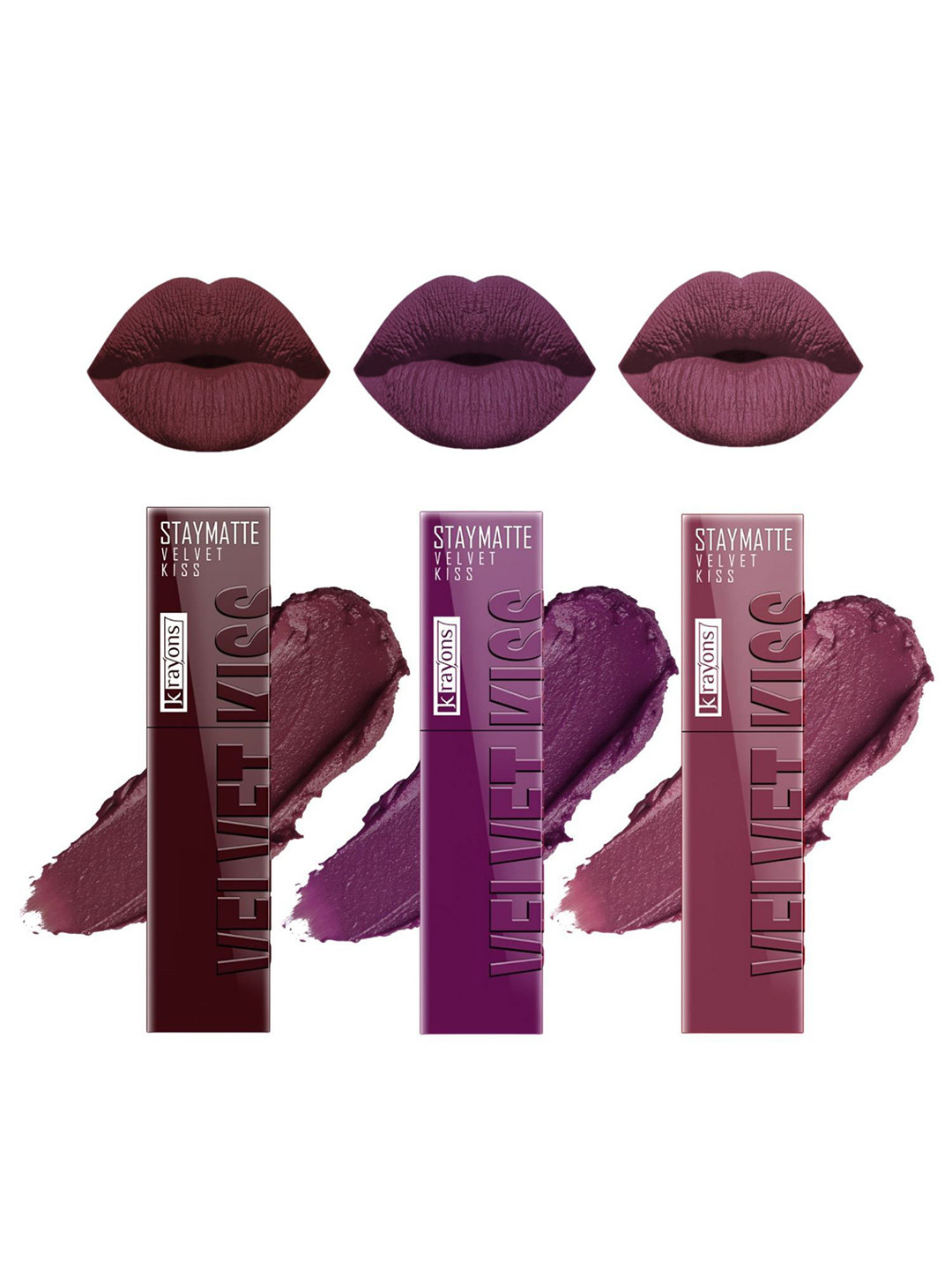 krayons Velvet Kiss Set Of 3 Liquid Lipstick 3.5ml Each Burgundy Burnt Maroon Dusty Mauve