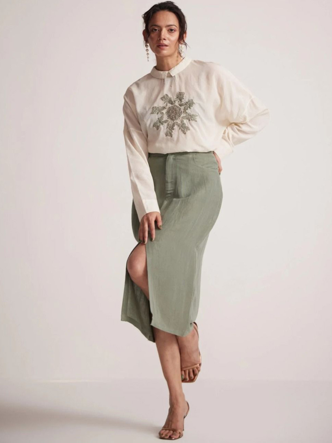 Western Era Front Slit Straight Midi Skirt