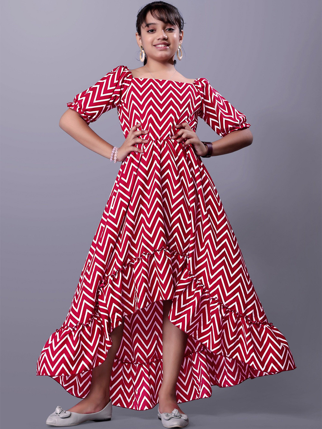 Aarya Designer Print Puff Sleeve Ruffled Crepe Fit & Flare Maxi Dress