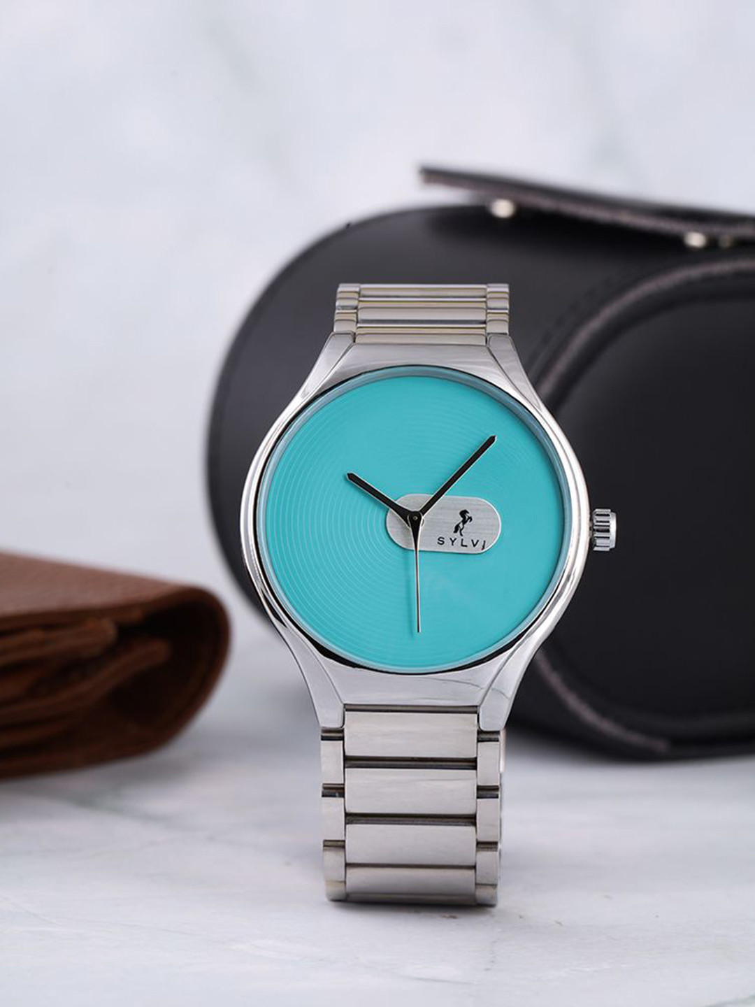 Sylvi Men Patterned Dial & Stainless Steel Straps Analogue Watch ELEGARE-skyblue-silver