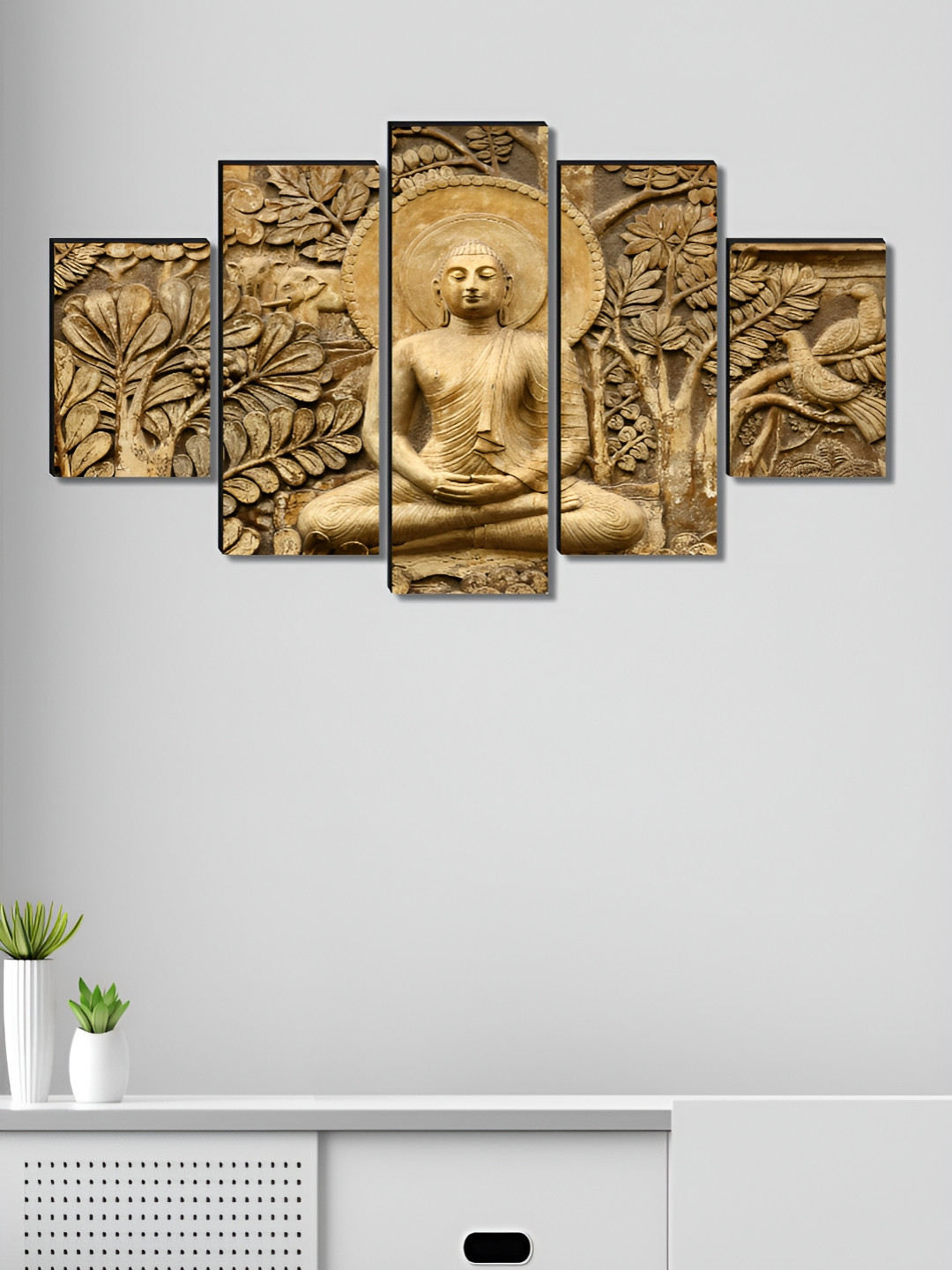 Myntra Elegant Homes Lord Buddha Wood 5 Pcs Wall Living Room Rectangle Paintings Wall Art