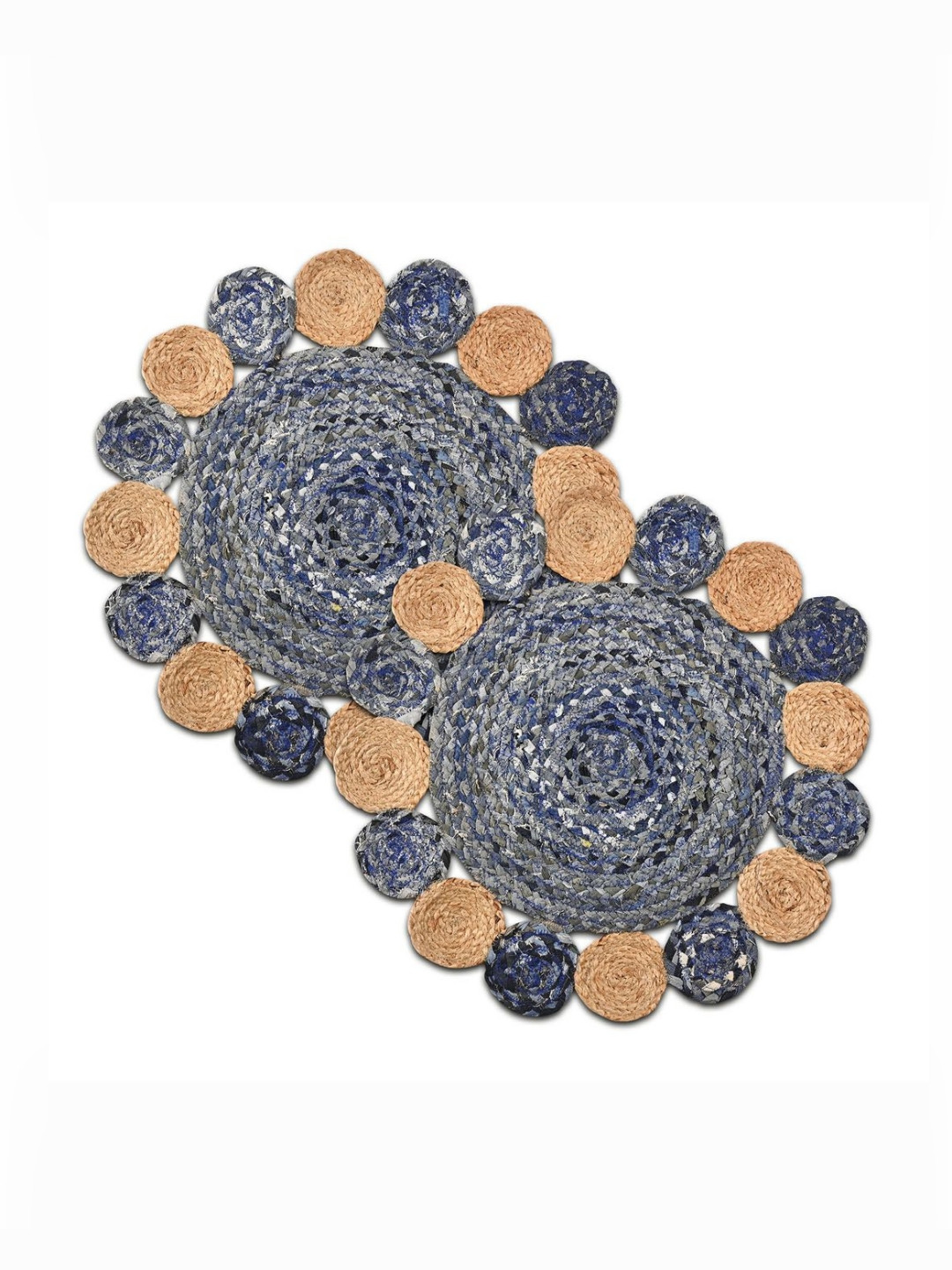 Aura 2-Pcs Blue & Brown Braided Handwoven Jute Floral Spiral Doormats