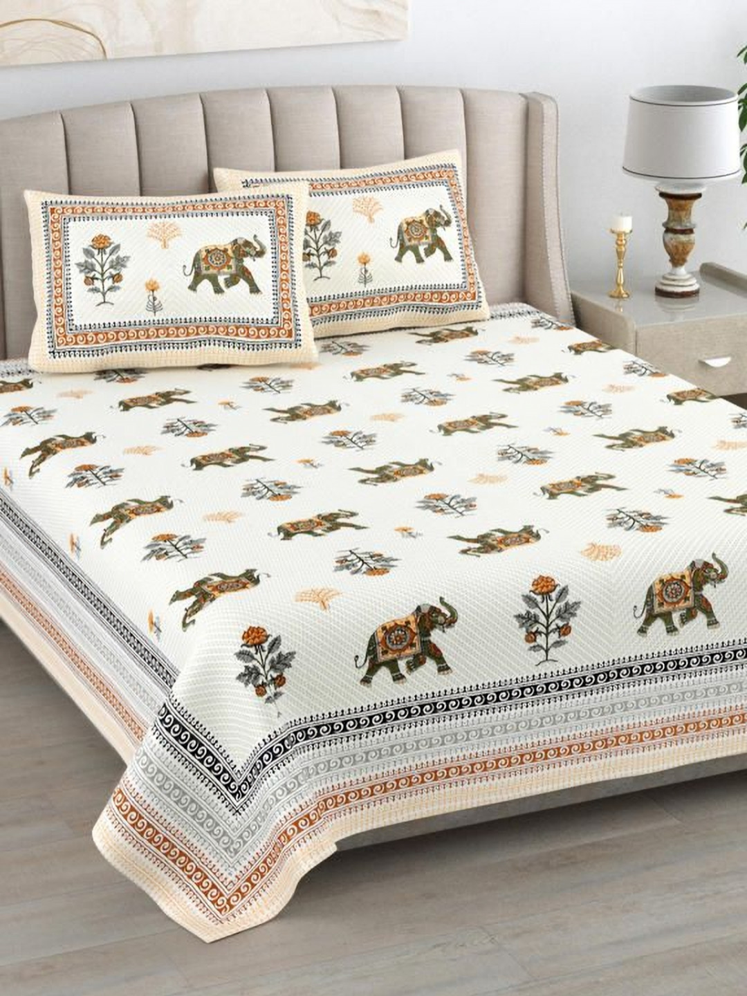 Urban Jaipur Monarch Collection Green Ethnic Motifs Pure Cotton 220 TC King Superfine Bedsheet with 2 Pillow Covers-241 x 274 cm